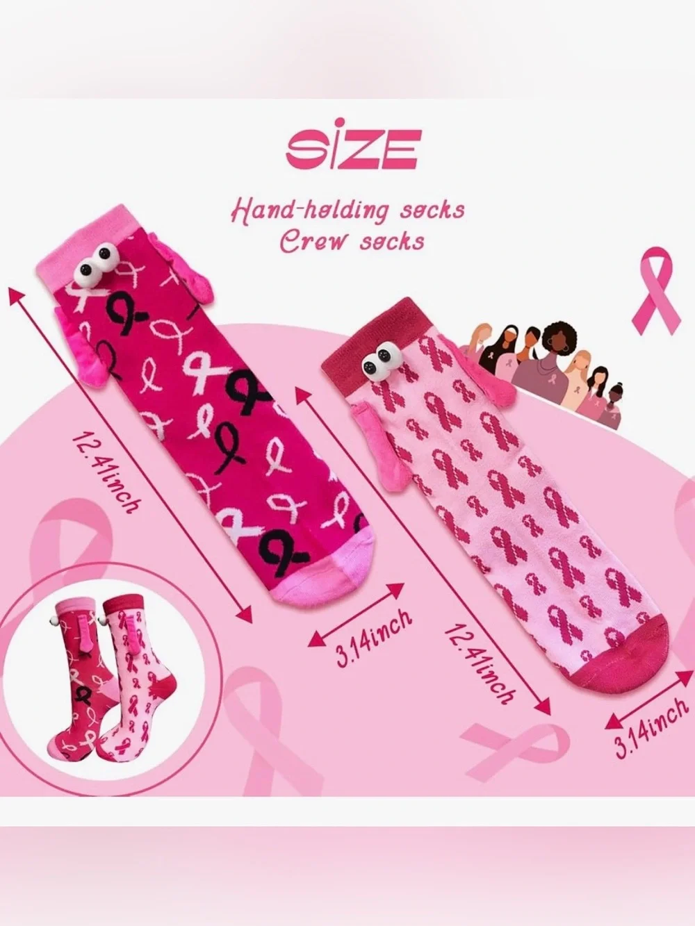 Cute Funny Pink Ribbon Breast Cancer Awareness Crew Socks - 2 Pair - Magnetic